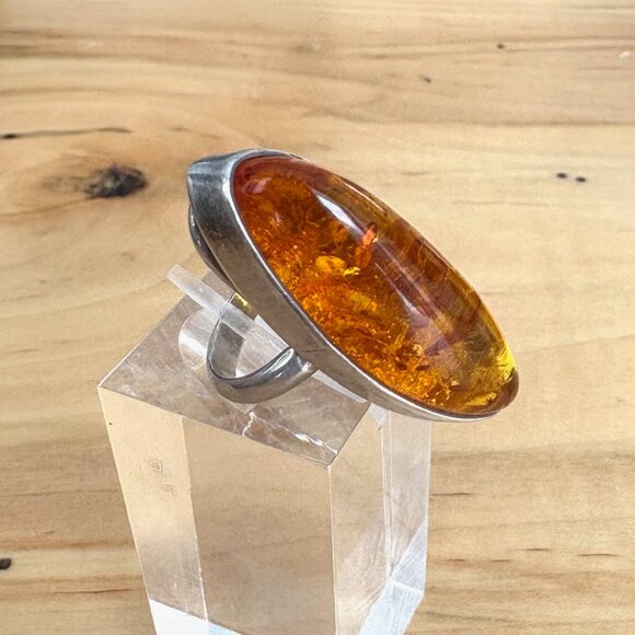 Large Amber & Sterling Silver Statement Ring Artisan Handmade Size 8 - Picture 13 of 16